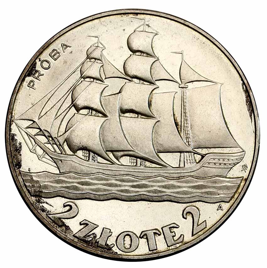 II RP 2 złote 1936, żaglowiec, PRÓBA, srebro z kolekcji Włodzimierza Głuchowskiego